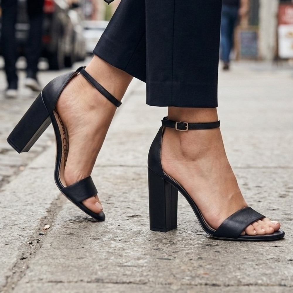 Sam Edelman Yaro‎ Black Leather Ankle Strap Block Heel Sandals 8.5 Classic